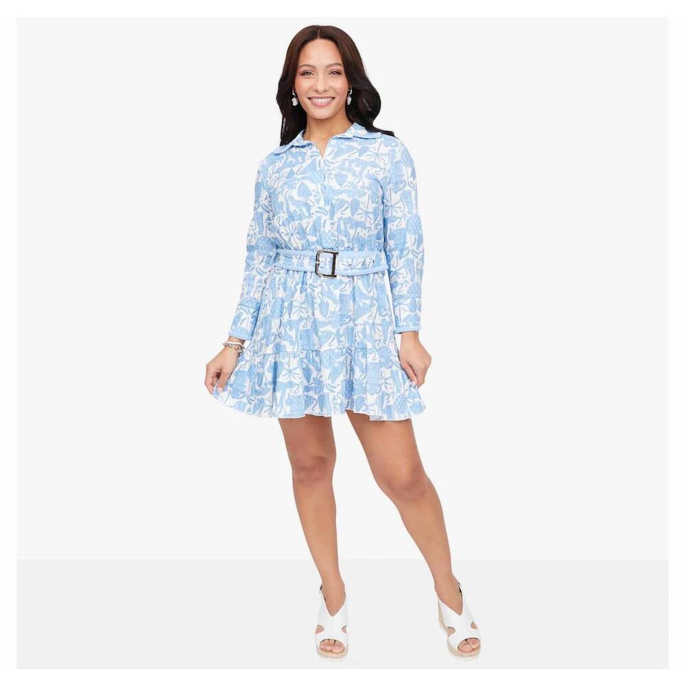 NEW ASTRID naples belted dress in blue toile
